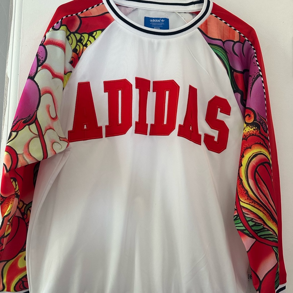 Adidas White Shirt with Red and Yellow Graphic